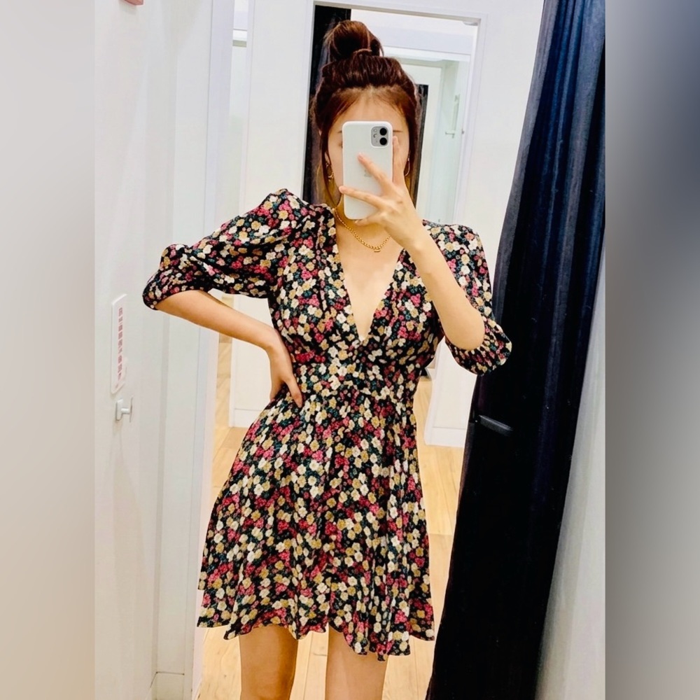 Zara Floral V-Neck Mini Dress Blogger Favorite Metallic XS Cottagecore Boho